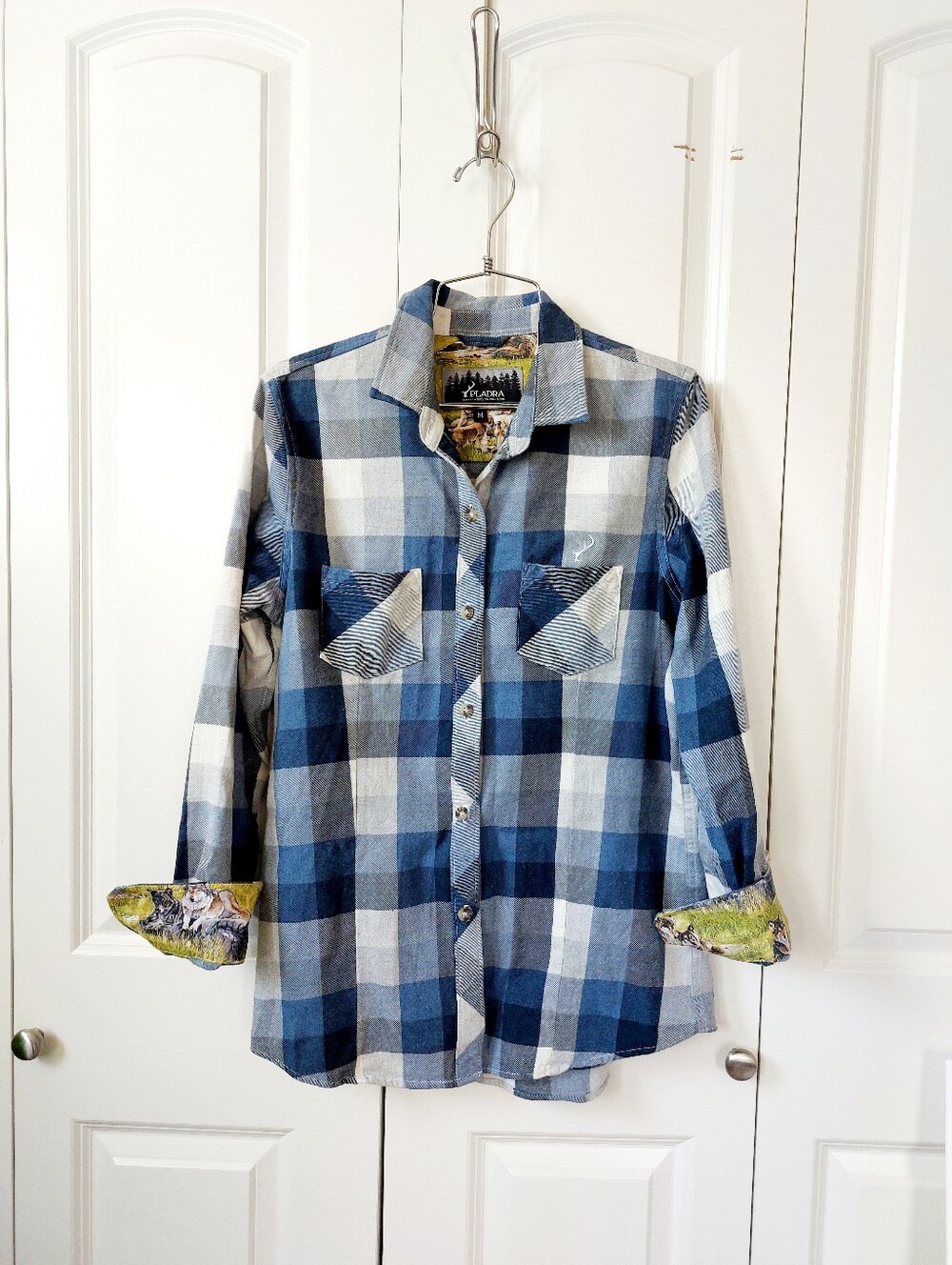 Wolf Blue Plaid Flannel Pladra Shirt  Medium 100% Cotton Made In USA Western